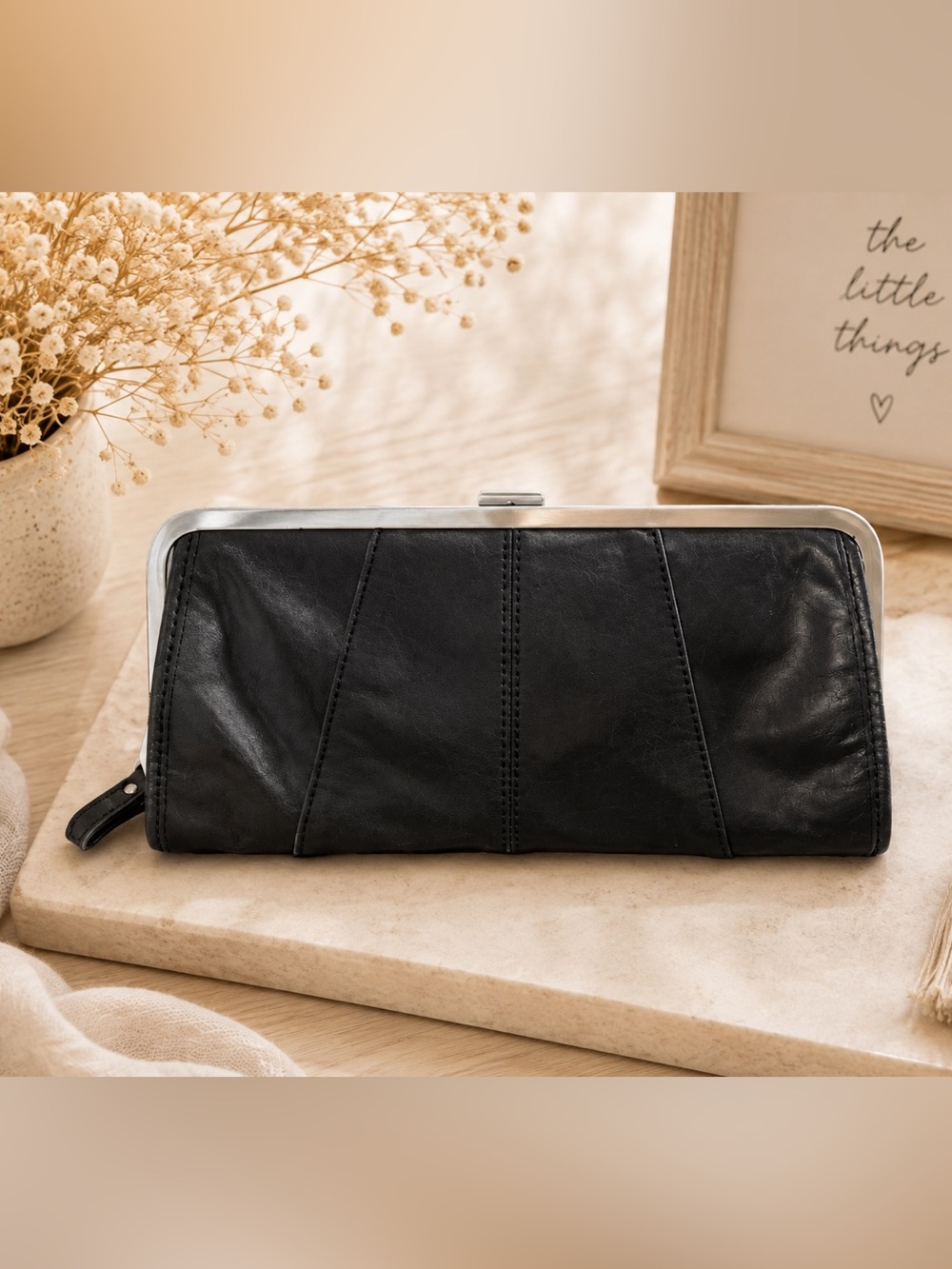 Black Leather Frame Wristlet Clutch- #1055